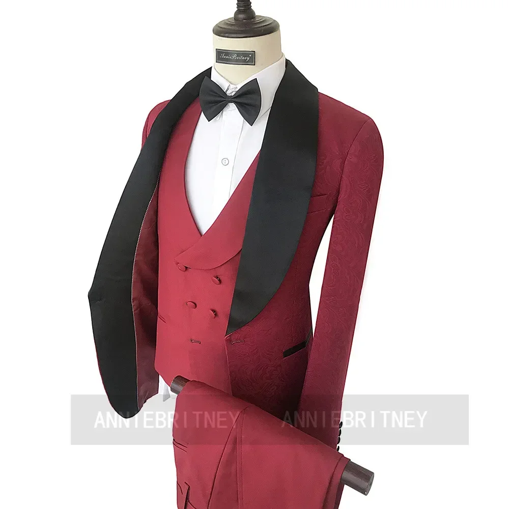Burgundy Jacquard Formal Wedding Elegant Men Suit Groom Tuxedo Prom Slim Fit Shawl Lapel Blazers High Quality Custom 3 Piece Set