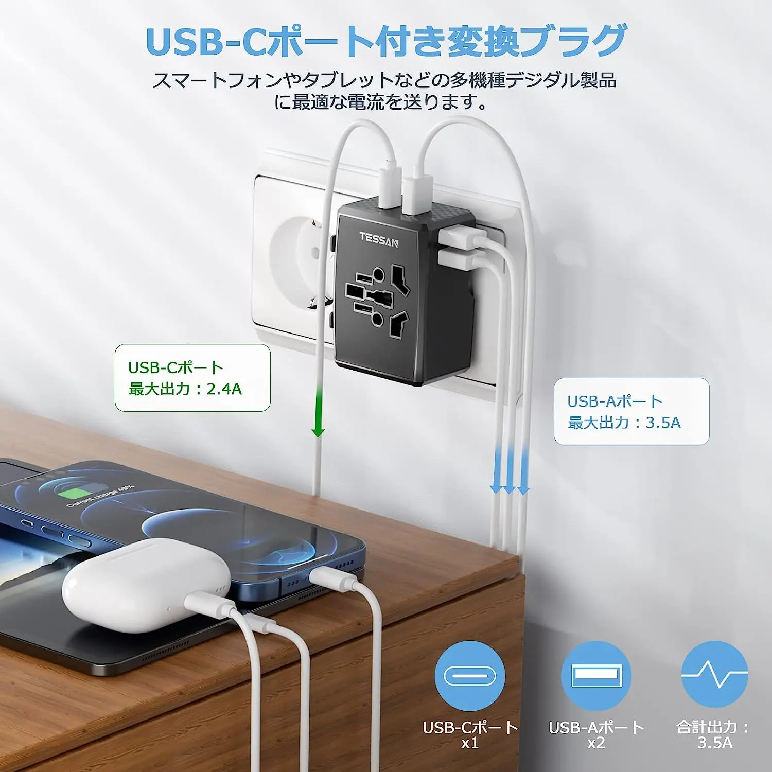 Adattatore Di Viaggio Internazionale A 3 Poli Con Messa A Terra E Doppie Porte USB Da 2.1A - Adattatore Di Viaggio Universale A Terra Lato Anteriore | Fornitore Di Prodotti Correlati All'energia - Foto 8