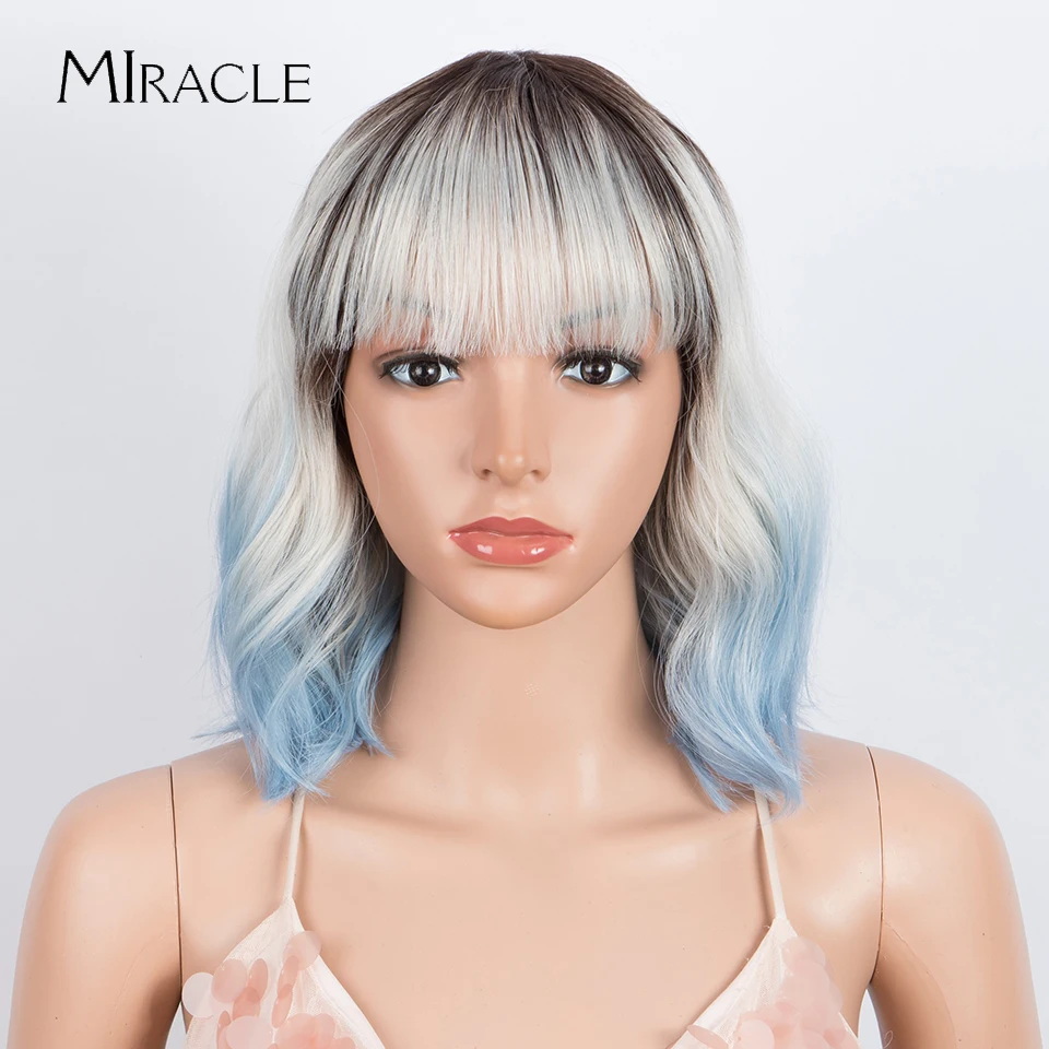 MIRACLE  Short Synthetic Wigs Blue Ginger White Gradient Bob Wigs With Bangs Curly Hair Wig for Women Cosplay Heat Resistant miracle white nights