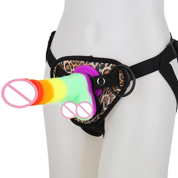 New Rainbow Color Dildo Realistic Dildo Penis Leopard Print Harness Belt Strap on Dildos Female Masturbator Sex Toys for Women 1
