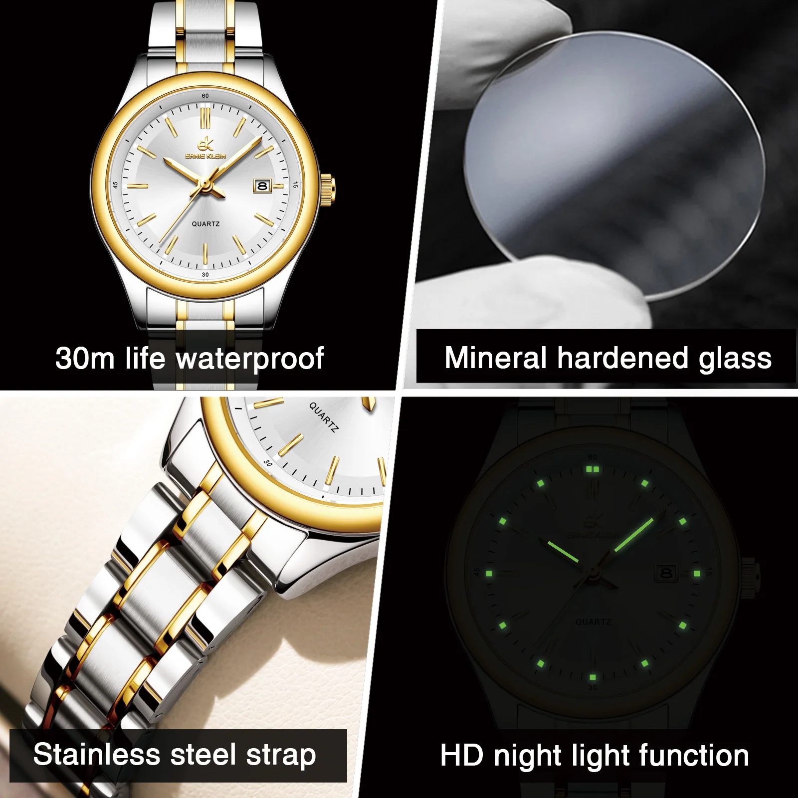ERNIE KLEIN Women’s Watch Luxury Gold Watch OriginalDate Week Stainless Steel Waterproof Luminous Elegant Dress Ladies' Watches 3