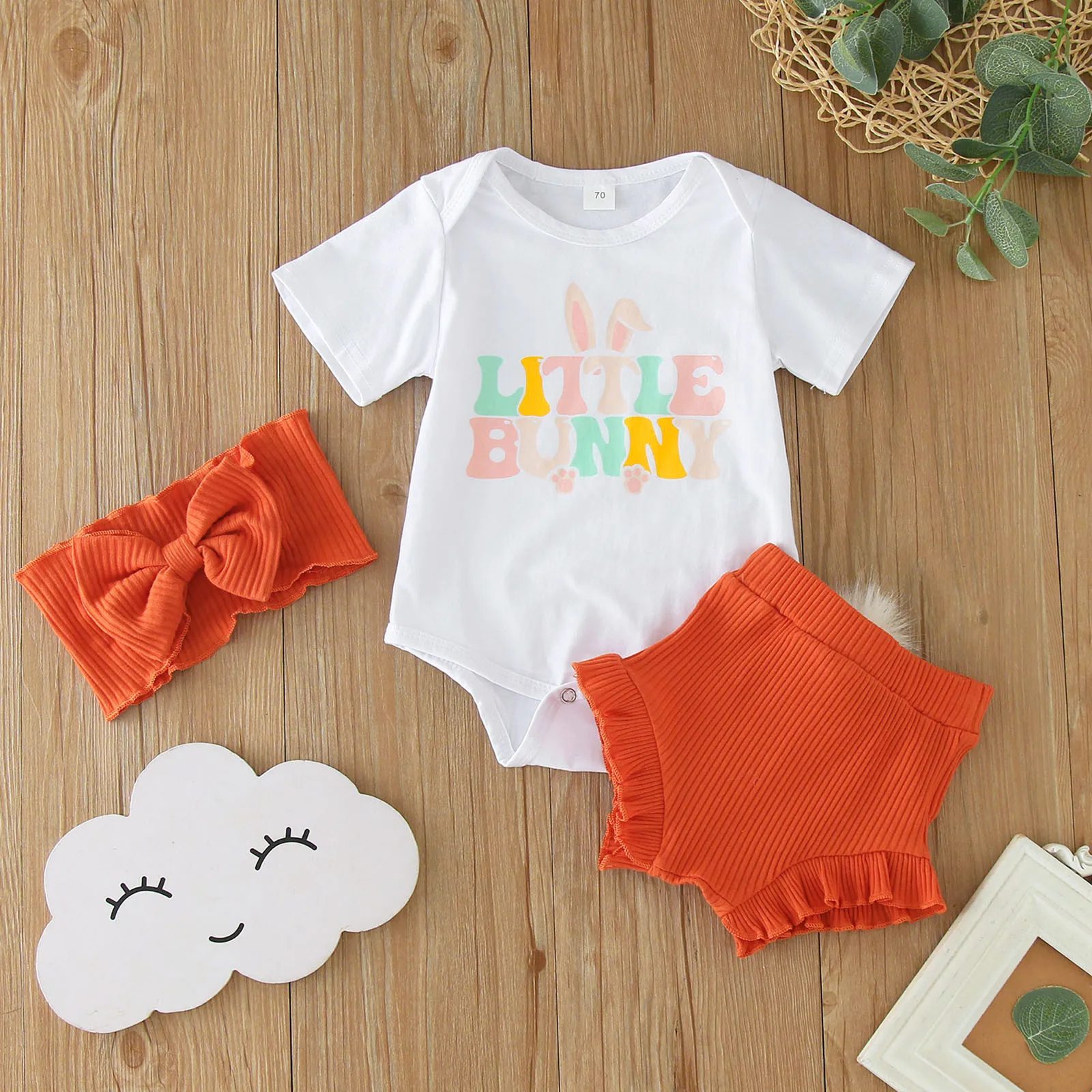 

3pcs Infant Baby Girls Easter Clothes Sets Letter Bunny Print Short Sleeve Romper Tops Ribbed Balls Shorts Headbands 6 9 12 18M
