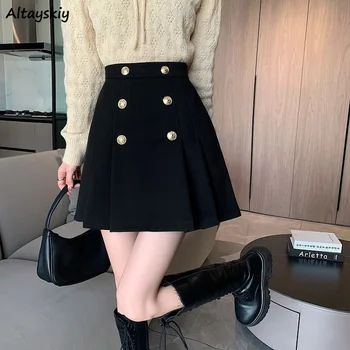 Gonne a pieghe Bottoni da donna Designer per il tempo libero Colori puri Elegante Harajuku Stile coreano Faldas BF Vintage All-match Autunno Inverno 1