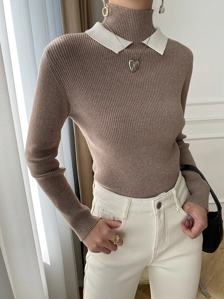 

Khaki Color-block Knitting Sweater Turtleneck Long Sleeve Women Pullovers New Fashion Tide Autumn Winter O561