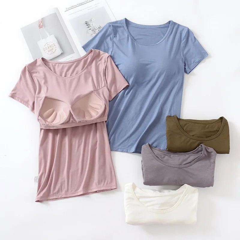 

Sleep Tops Short sleeved T-shirt with Chest Pad WomenOne Piece Fitted Bottom Shirt Women's Top Round Neck No Wear Bra
