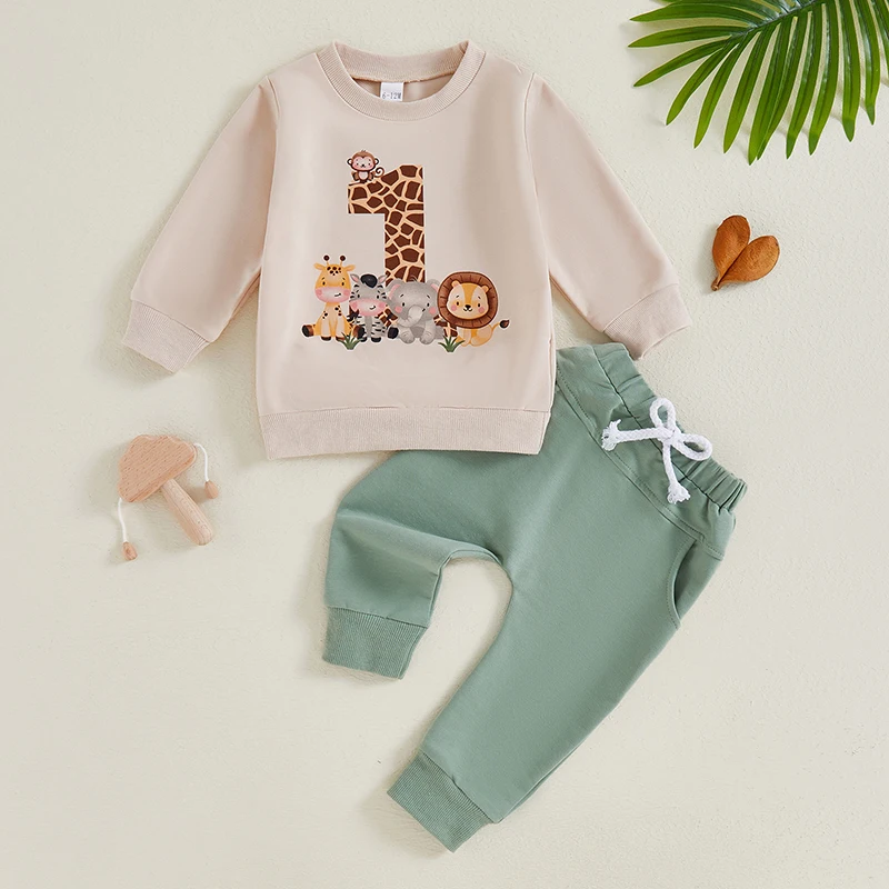 2024-05-31 Lioraitiin Baby Boy First Birthday Outfit, Animal Print Long Sleeve Sweatshirt Elastic Waist Pants Set for Fall 2