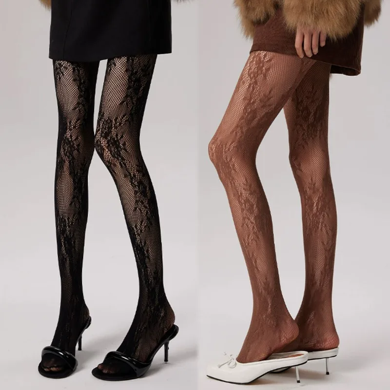 Sheer floral legwear styled with heels and a short skirt