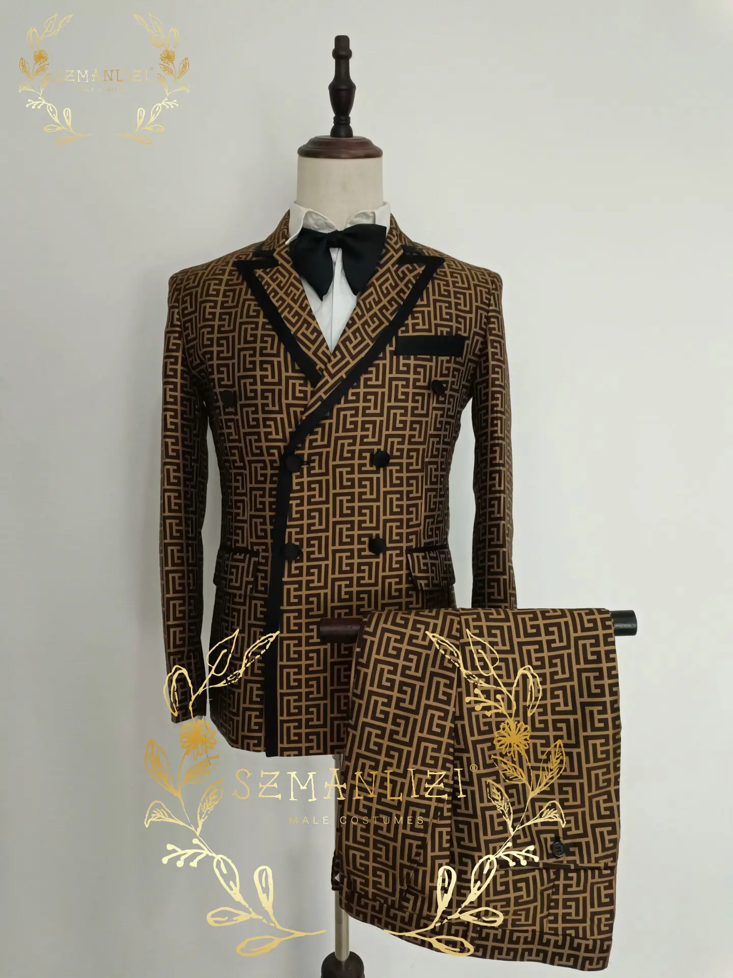 Tanio 2022 luksusowa moda brązowy Plaid smokingi dla pana młodego