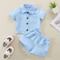 Tenue d'été décontractée en coton et lin pour bébés garçons, couleur unie, manches courtes, poche boutonnée, chemise à revers + Short, ensemble de vêtements 2 pièces 2