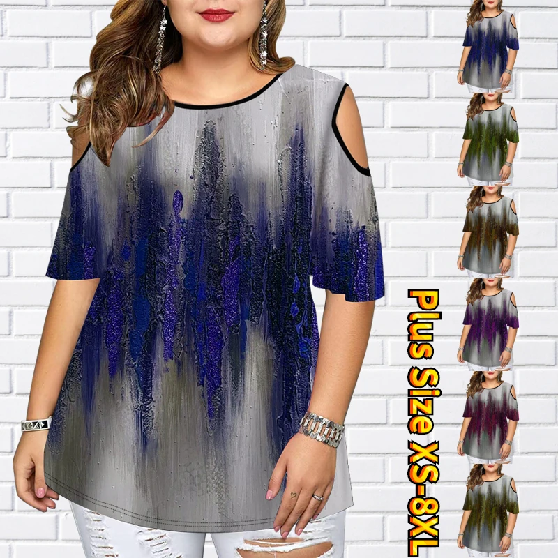 

Ladies Summer Abstract Print T-Shirt Gradient Element Design Short Sleeve Crew Neck Loose Off Shoulder Tops Ladies Trend T-Shirt