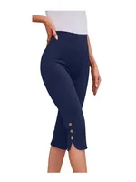 High-Waisted Elastic Seven-Foot Pants Women's Mid-Calf Trousers Base Layer Clothing with Button Detail - Image 4