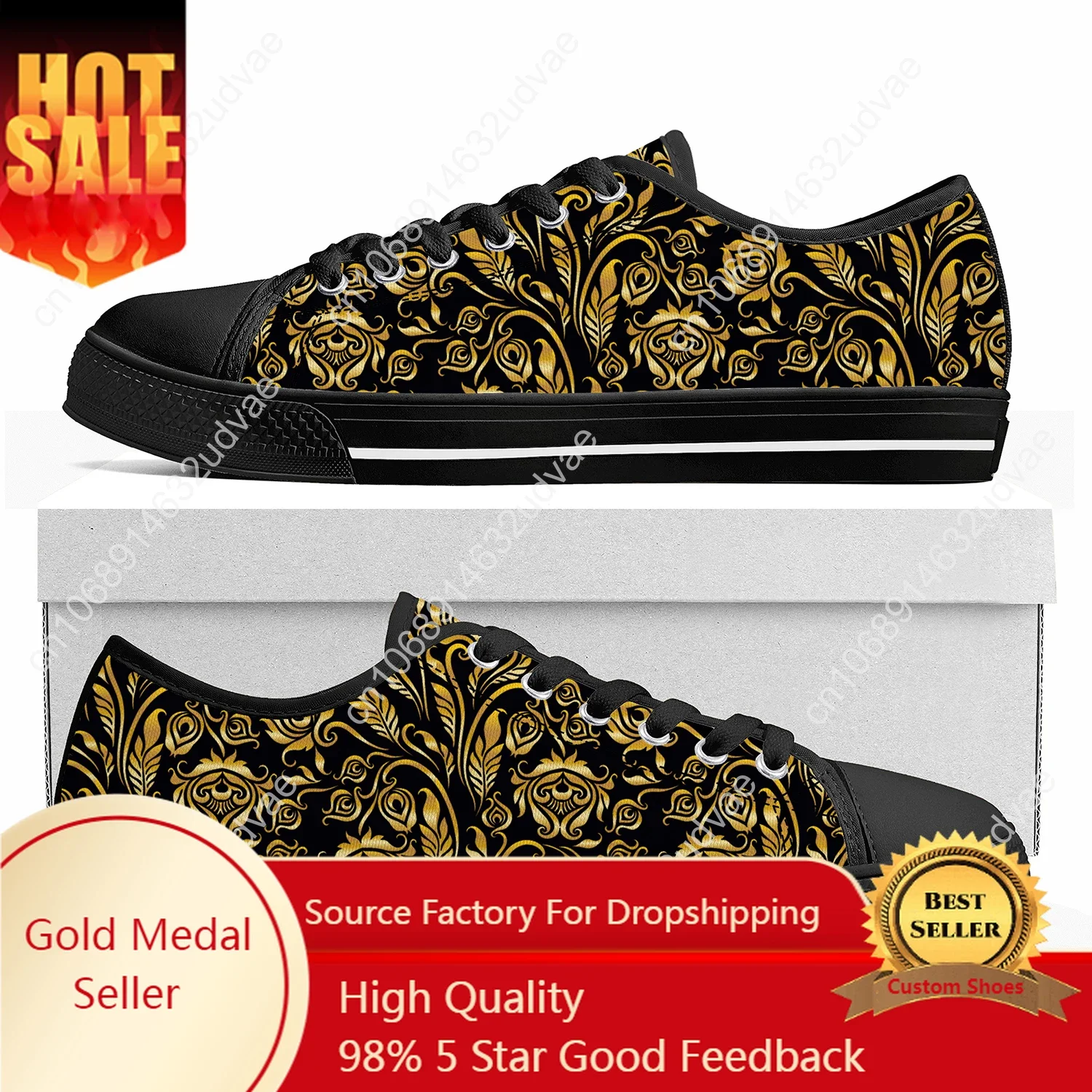 

Luxury Golden Floral Prints Low Top Sneakers Mens Womens Teenager Canvas High Quality Sneaker Baroque European Shoes Custom Shoe