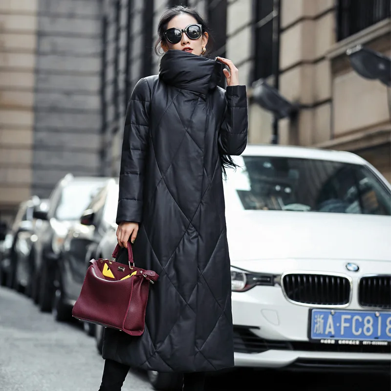 Women's Genuine Leather Down Coat, Full Long Sheepskin Jacket, Warm Outwear, Large Size Parkas, Lady Thick Overcoats, Winter