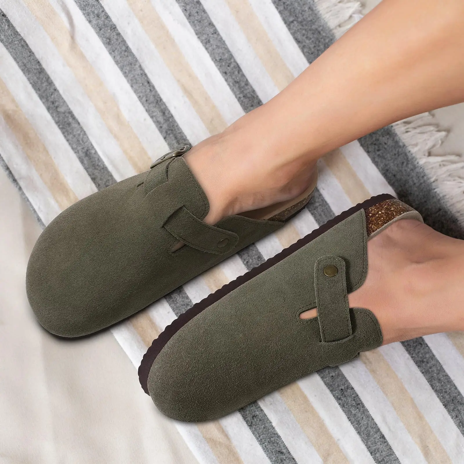 Shevalues Women's Suede Clogs Classic Cork Slippers Leather Mules Men Cork Footbed Sandals Comfort Beach Shoes Arch Support For Women Sandals Comfortable Sandals Imitation Leather Clogs