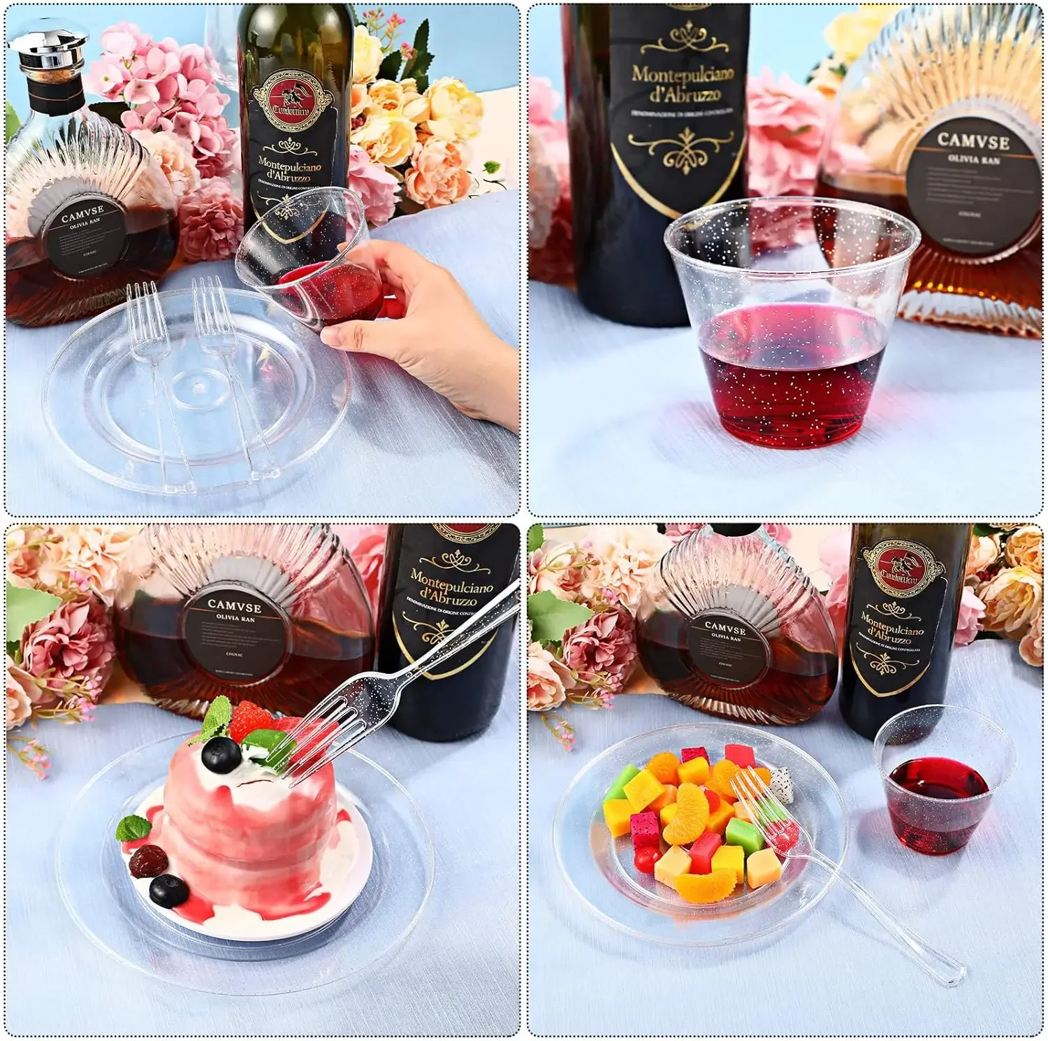 300 Pcs Plastic Dinnerware Set Disposable for Party, 100 Glitter Plastic Plates 7.5 Inch,100 Cup 9 Oz, 100 Dessert Forks
