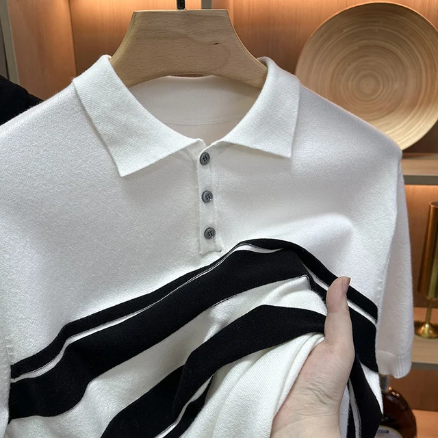 Camisa de manga corta con cuello tipo polo a rayas para hombre, camiseta informal de moda con tela hilada central, verano