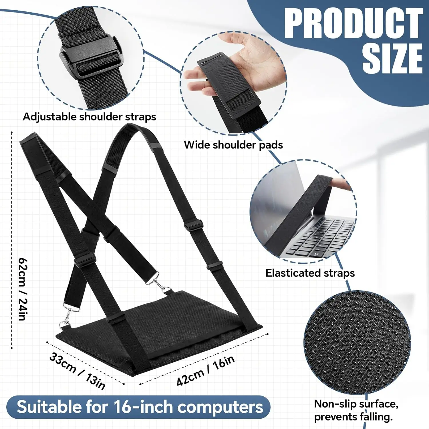 Cinghia di sicurezza per laptop, antiscivolo, supporto portatile migliorato per laptop nero con cinghia di sicurezza, adatto per tablet, e-reader, notebook, quaderni e scrivanie regolabili in altezza - immagine 4