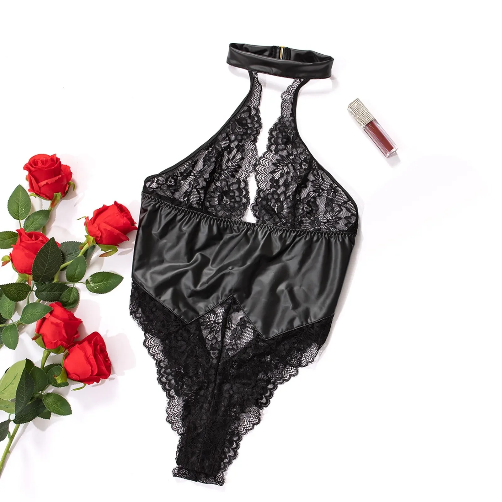 Women Underwear Sexy Lingerie Porn PU Latex Leather Bodysuit Women Sexy Lingerie Underwear Halter Lace Body Suit Babydolls Teddies Costume