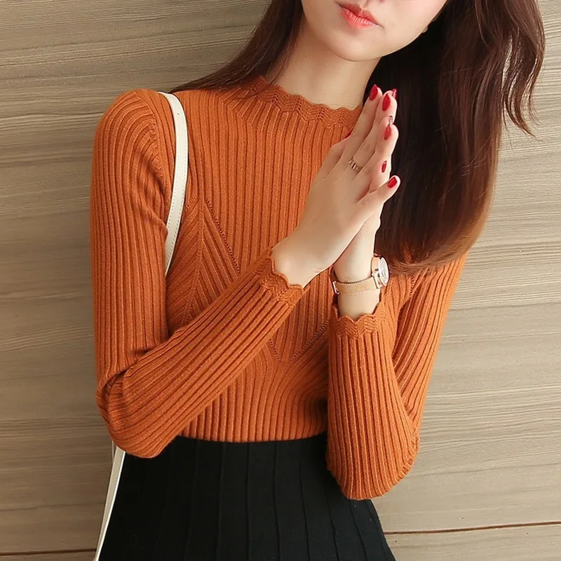 white sweater 2022 New Autumn Winter Long Sleeved Bottoming Knitted Sweater Women Casual Laciness Mock Neck Tight Fit Pullover Top red sweater Sweaters