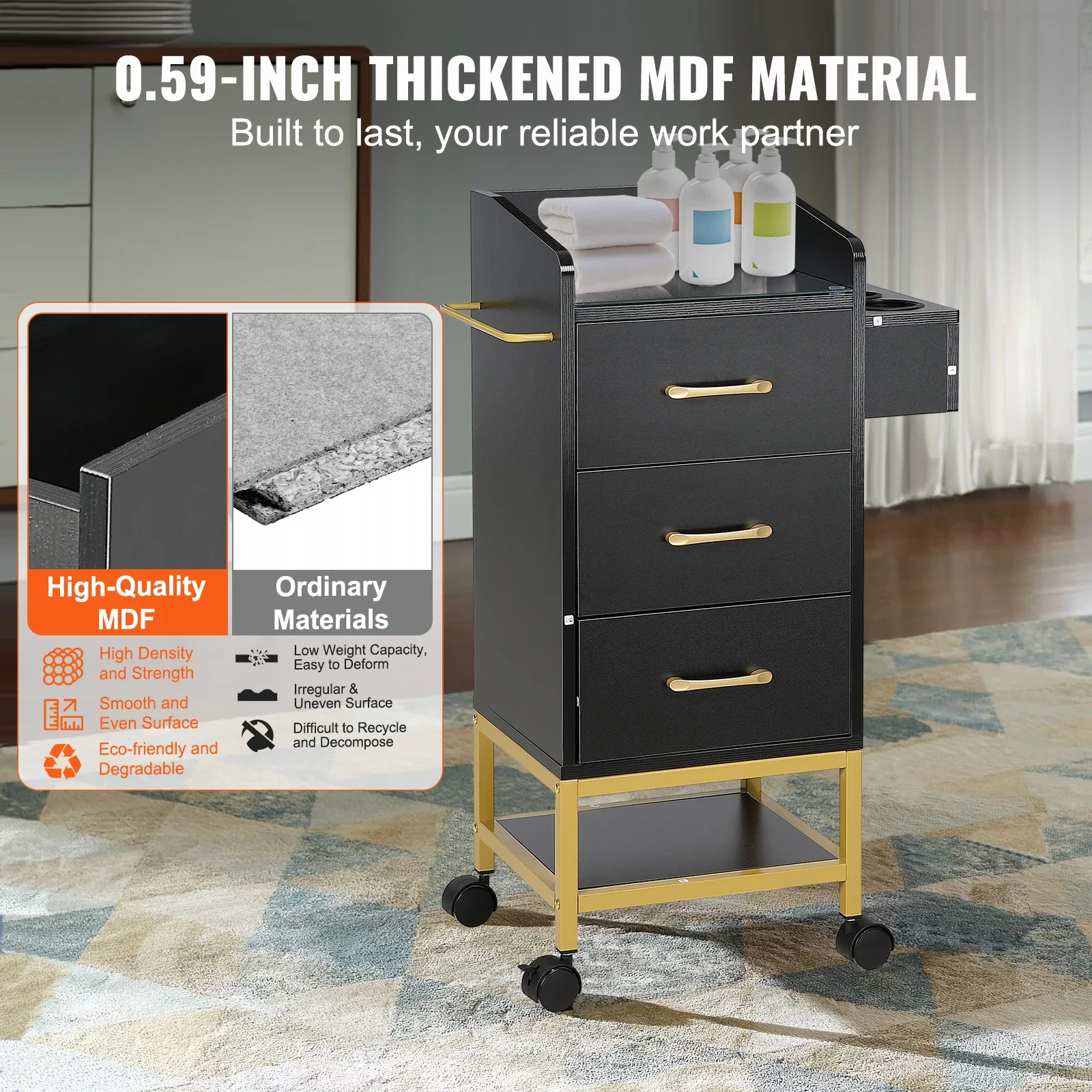 VEVOR Beauty Salon Storage Trolley Cart, Glass Top Hair Salon Station Cabinet for Stylist with Drawer & Dryer Holder 5