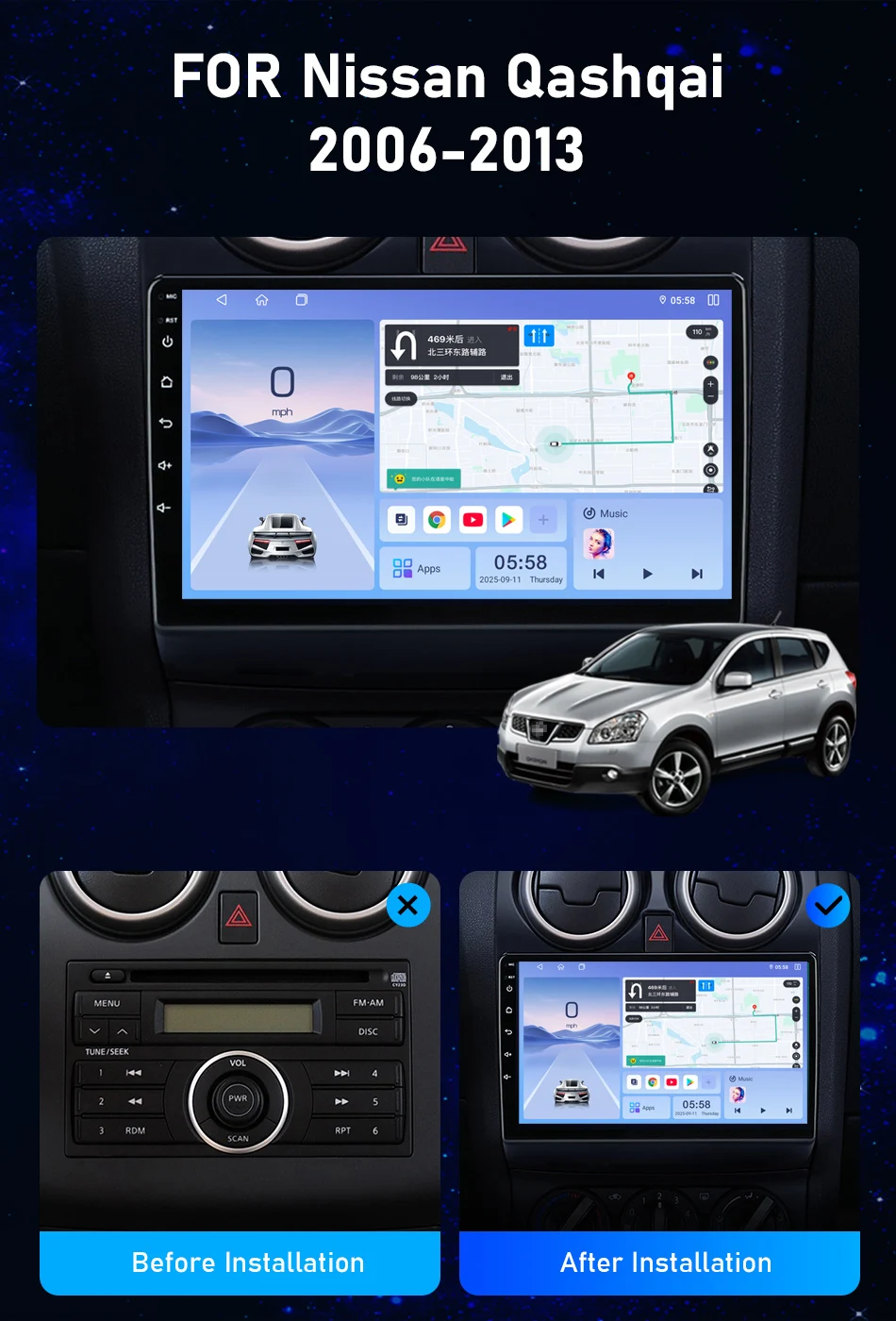 Srnubi 2Din Autoradio für Nissan Qashqai 1 J10 2006-2013 Multimedia Player Carplay Android Auto Auto Intelligentes System AM Stereo – Detail 3