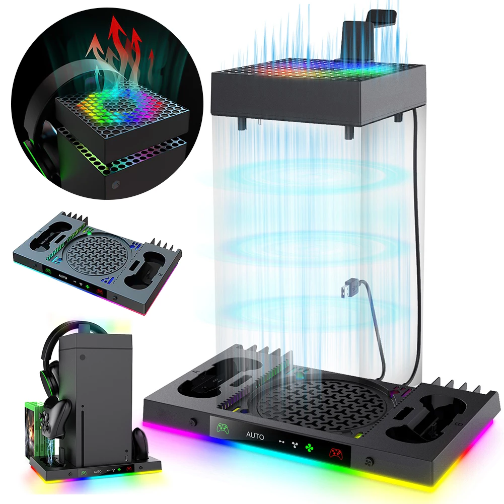 헤드폰 스탠드가 있는 RGB 충전 도크 3단계 팬이 있는 게임 컨트롤러 핸들 충..
