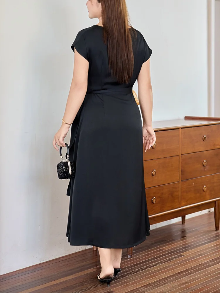 Plus Size Women Dresses Premium Copper Ammonia Satin Swing Collar Lace Up Fold Waist Commuting Black Short Sleeve Dress