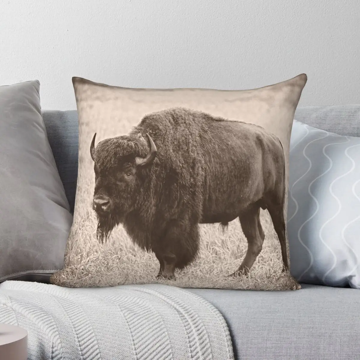 YellowstoneBisonSquarePillowcasePolyesterLinenVelvetCreativeZip