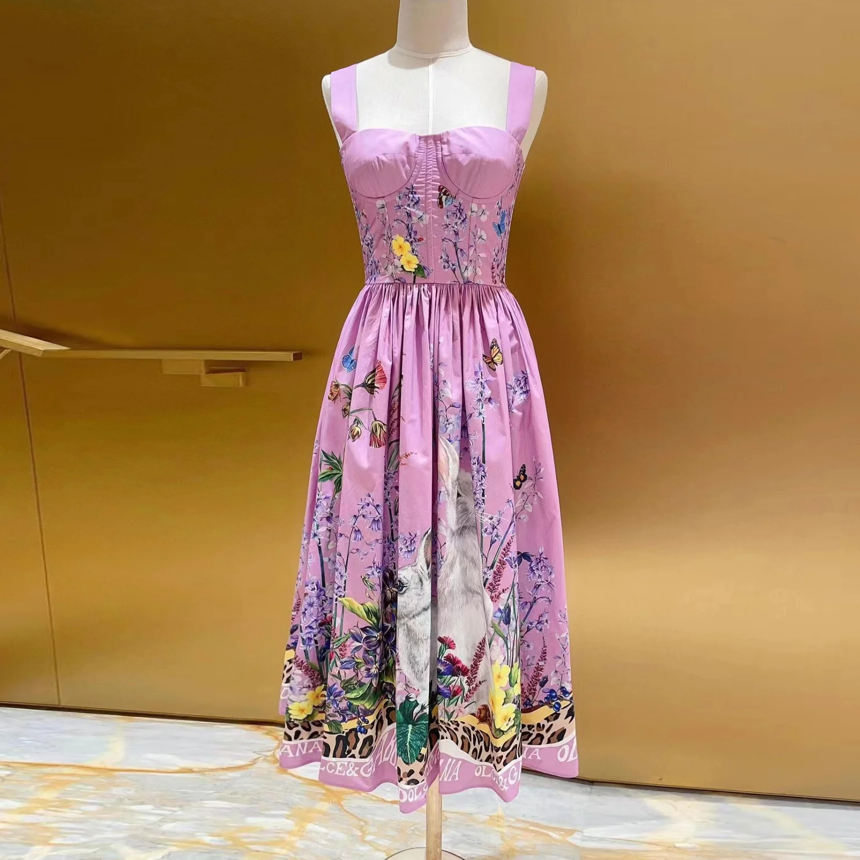 

2023 New Fashion Runway Summer Women Spaghetti Strap Rabbit Flower Print Vacation Party Dresses