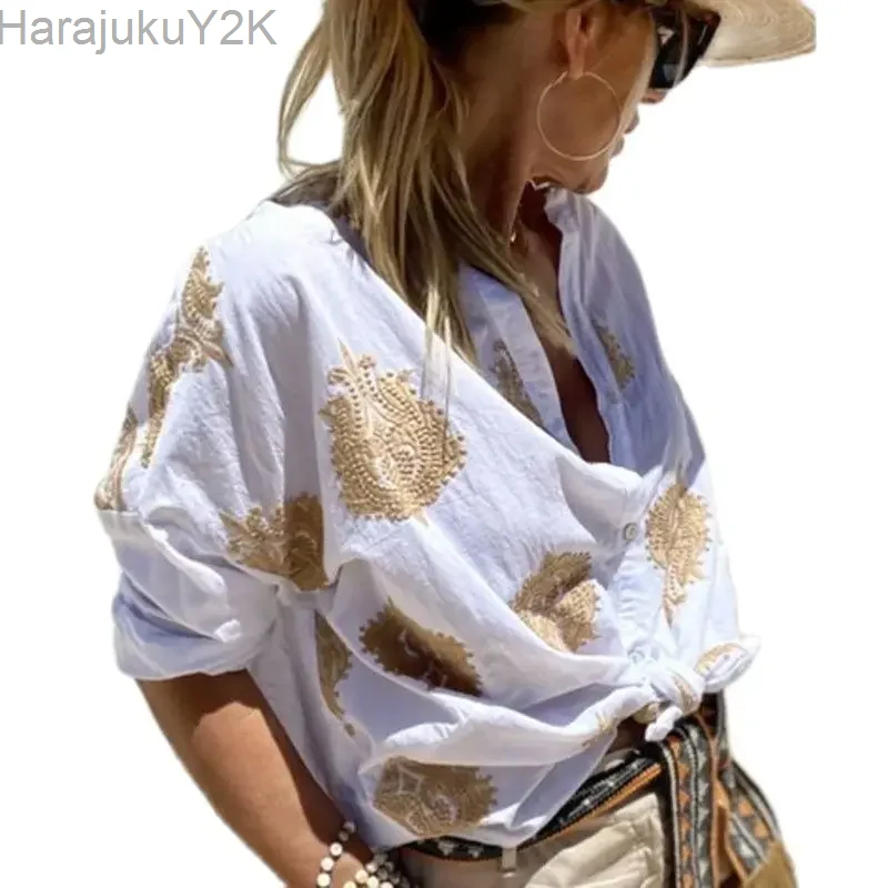 

Женская свободная уличная одежда с отложным воротником, новинка, рубашка на пуговицах с длинным рукавом и принтом, женский топ, кардиган, офисная блузка, весна-осень