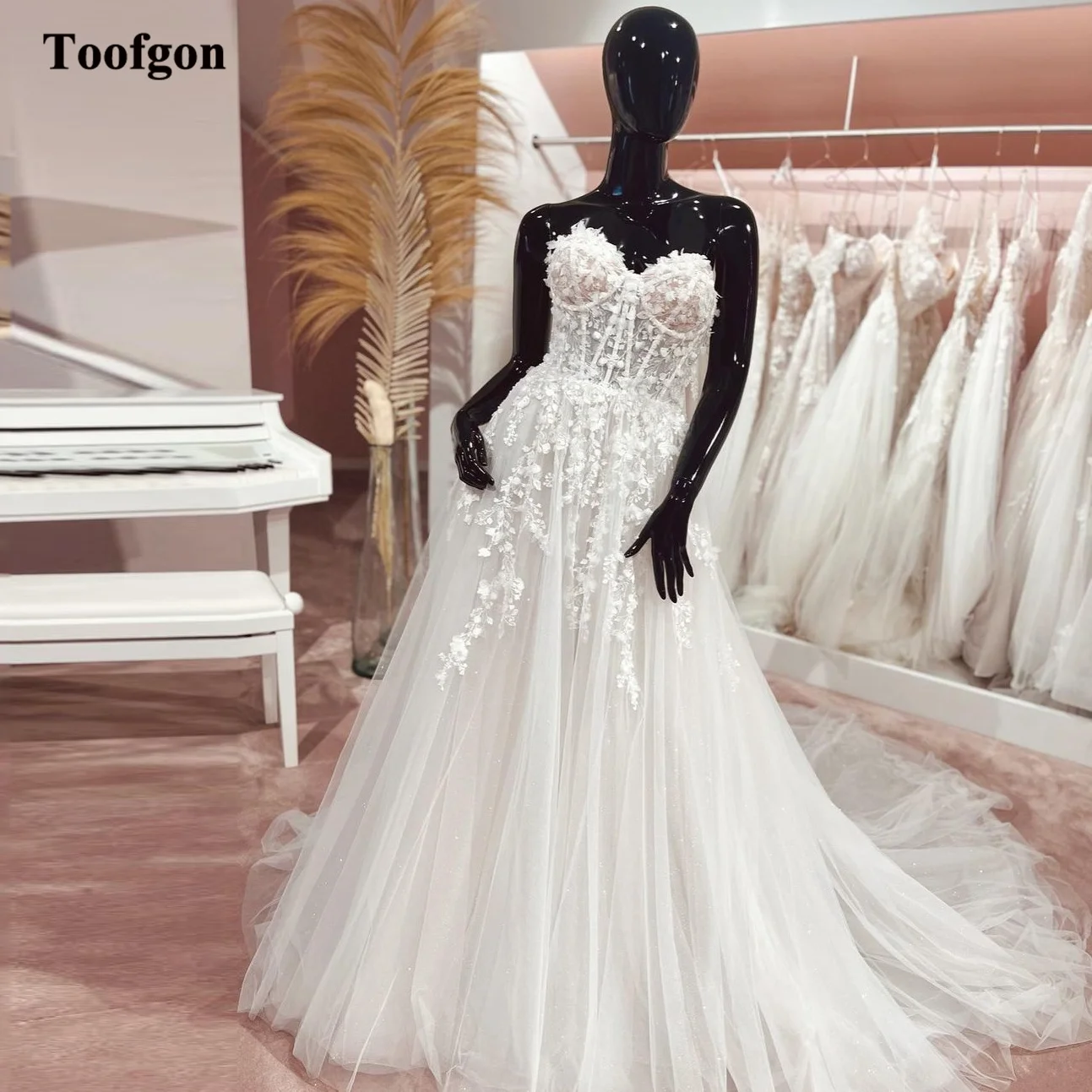 

Toofgon Appliques Lace A Line Tulle Formal Bride Dresses Sweetheart Special Party Wedding Dress Court Train Bridal Gowns 2024