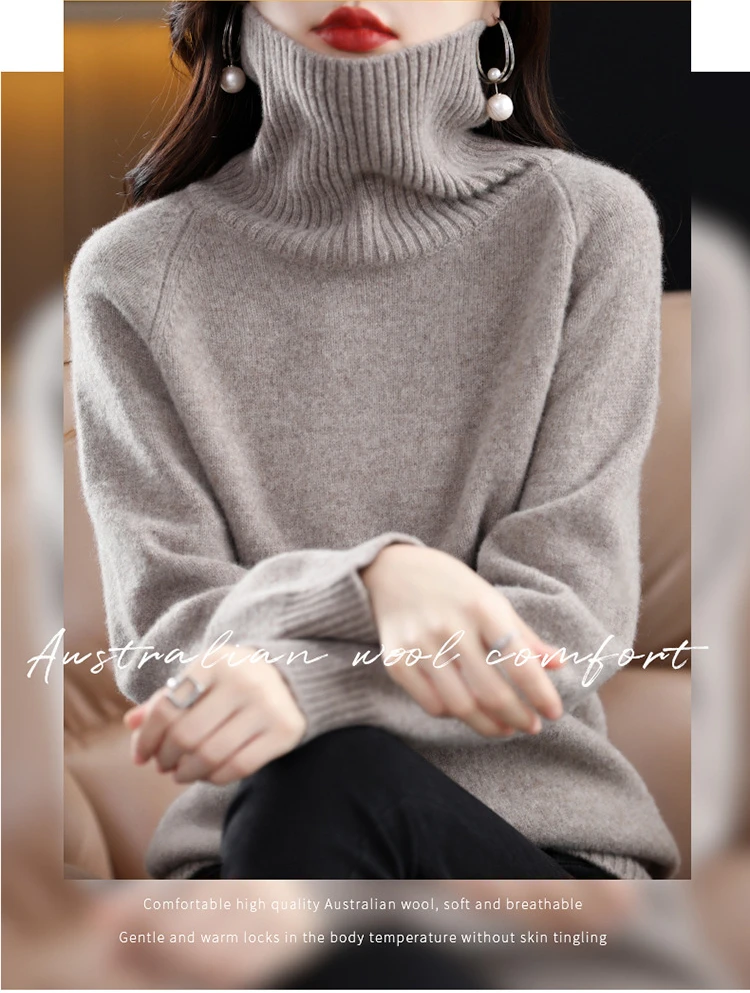 Women's 100% Merino Wool High Neck Sweater - Blue Color Variant HS:6110301500 Age:Adult Gender:Female Origin:CN