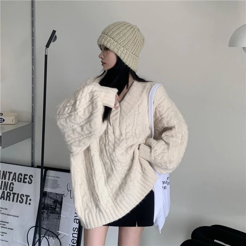Oversized Sweater Women Fashion Preppy Pink V Neck Knitted Pullovers Harajuku Korean Long Sleeve Knitwear Winter Jumpers