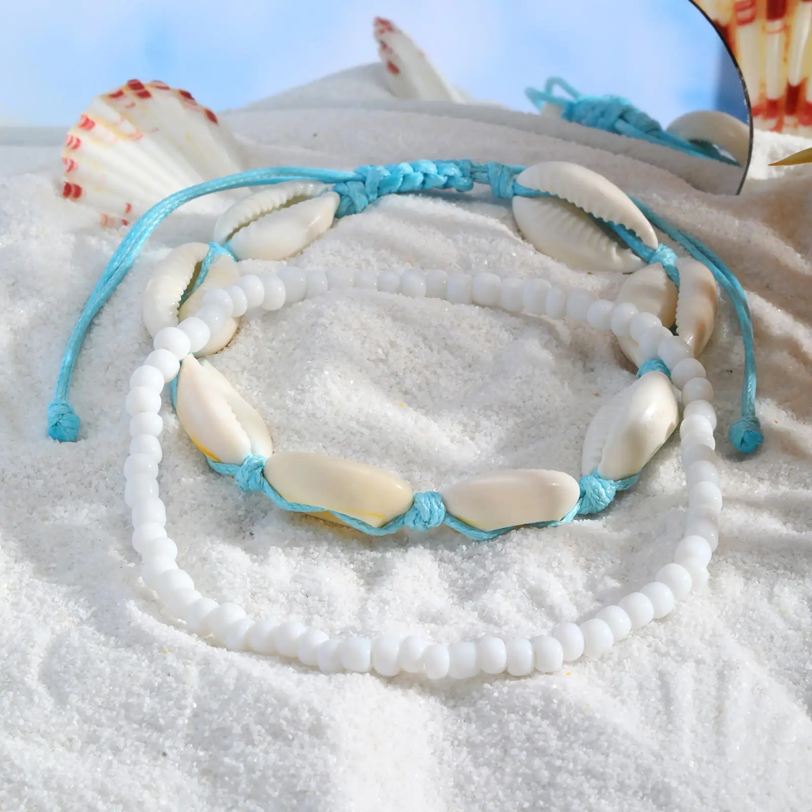 Boho Shell Anklet Bracelet Set For Women - Waterproof Surfer Starfish Puka Shell Bead Anklets For Beach Vacation