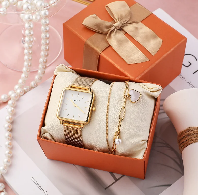 Ladies Quartz Watch 2 Piece Watch Set Simple Casual IPG Electroplating Watch Titanium Steel Jewelry