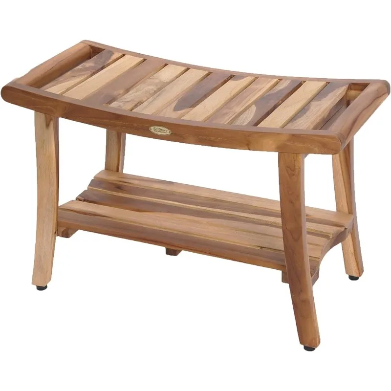 

EcoDecors Harmony Teak Shower Bench 30" Long Natural Wood Shower Bench with Shelf and LiftAide Arms Shower Stool