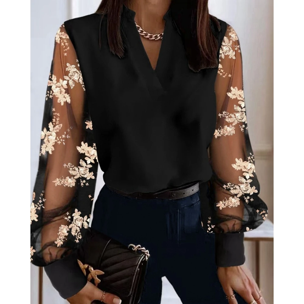 Women Contrast Embroidery Floral Sheer Mesh V Neck Design Long Sleeve Blouse Spring Femme Casual Workwear Shirts Office Lady 2023 women summer fashion casual lace up office lady half sleeve v neck wide leg jumpsuits femme solid ol style elegant workwear