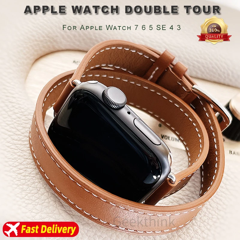 Women Luxury strap for Apple Watch Band 44mm 45mm 40mm-41mm Genuine Leather  Double tour Bracelet series 8 7 SE 6 5 4 Ultra 49mm - AliExpress