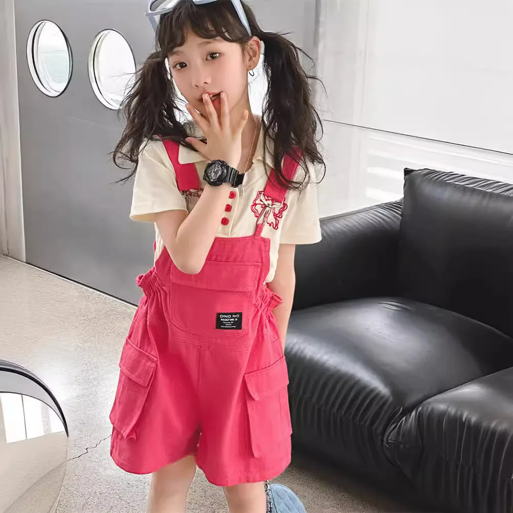 

Summer Girls Clothes Sets 2024 New Children Girl Lapel Tops + Suspenders Shorts 2 Pieces Suit Teen Kids Short Sleeve Tracksuits