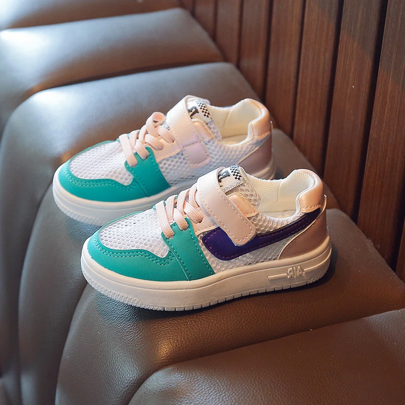 

Kid Pu Mesh Patchwork Shoes Girl Boy Color Plicing Hook and Loop Buckle Sneakers 2022 Summer Child Walk Run Trainers Size 26-36