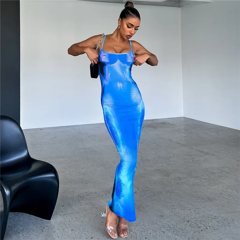 

Print Backless Club Party Long Dress Outfits Streetwear 2023 Summer Straps Sleeveless Maxi Evening Dresses Bodycon Women Tie Dye