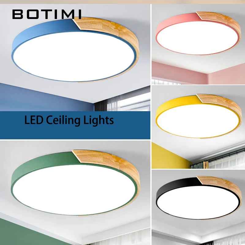 BOTIMI Colorful Round LED Ceiling Lights Nordic Style 30CM Metal Ceiling Mounted Lamp For Bedroom 25CM Wooden Bedroom Lighting