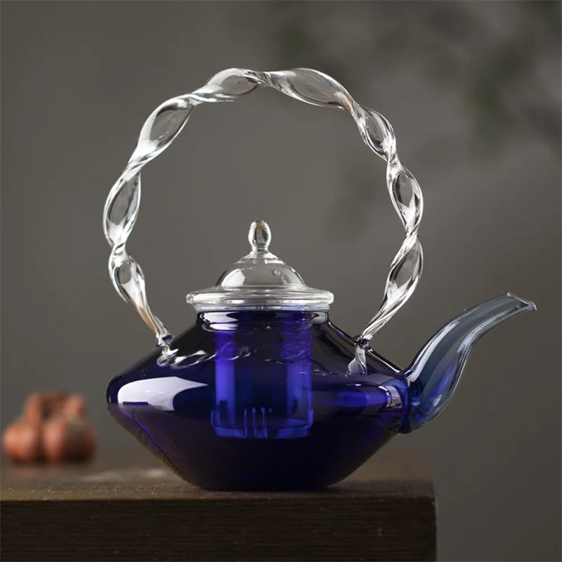 Twisted Beam Blue Glass Teapot Teacup Tea Filter Mesh Glass Coffee Pot