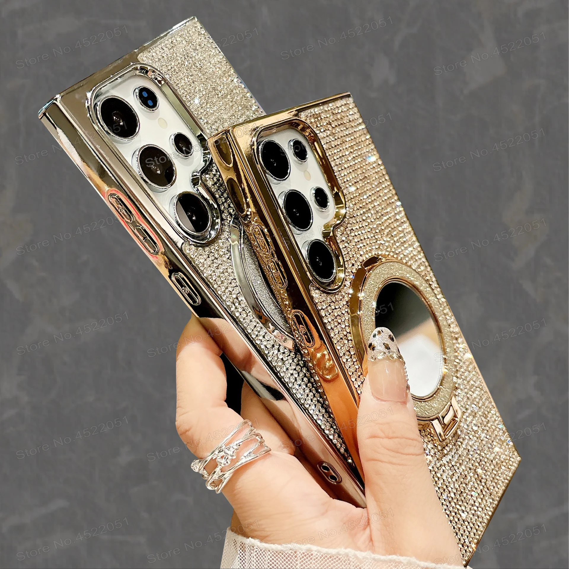 Luxury Diamond Mirror Phone Case with Magnetic Glitter Ring Stand