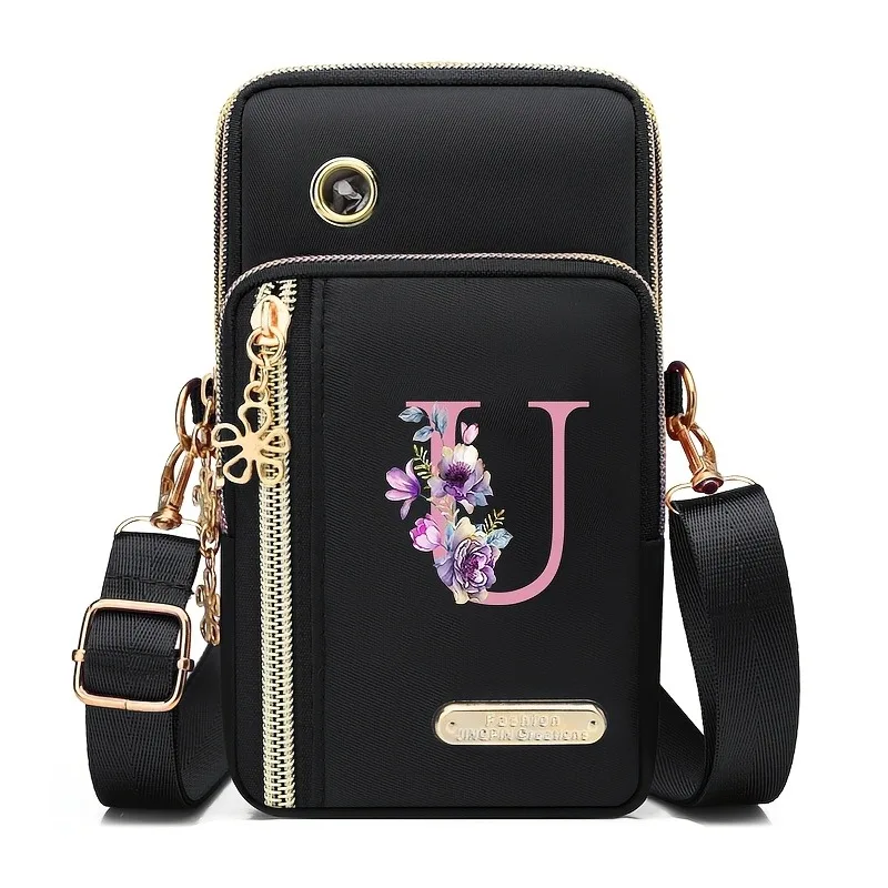 Floral Print Mobile Wallet with Zippered Card Organizer and Adjustable Strap