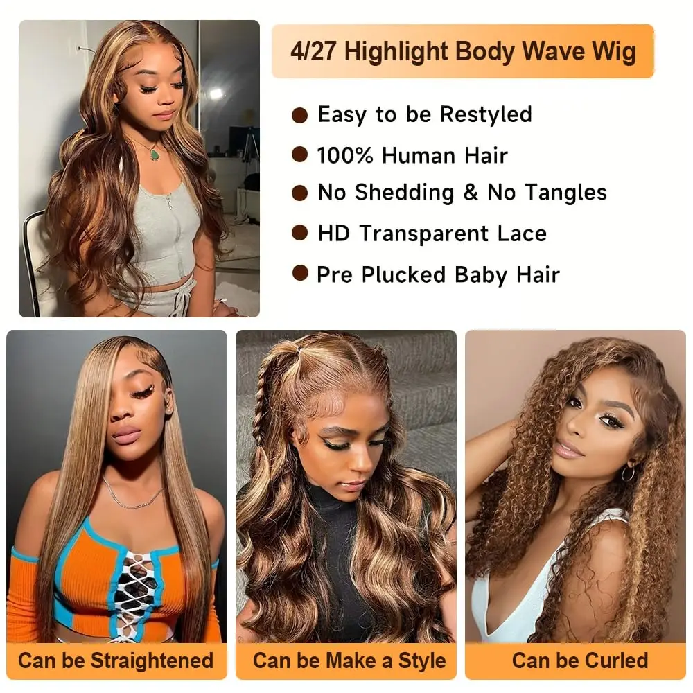 13x4 Highlight Ombre Lace Front Wig Human Hair Pre Plucked Body Wave Frontal Wigs 250% Density 4/27 Honey Blonde Lace Front Wig