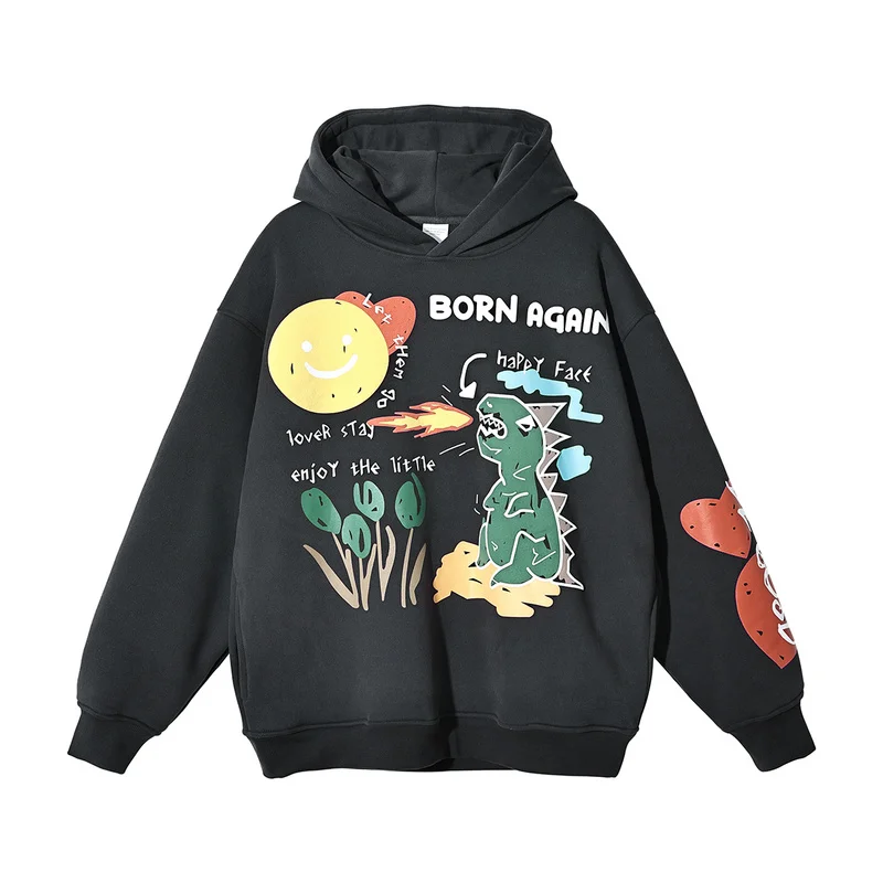 

Dinosaur Smiley Fleece Hoodie Men Street Print Sweatshirt Sweatshirt Hip Hop Casual Pullover Hoodie Brand Men's Tops