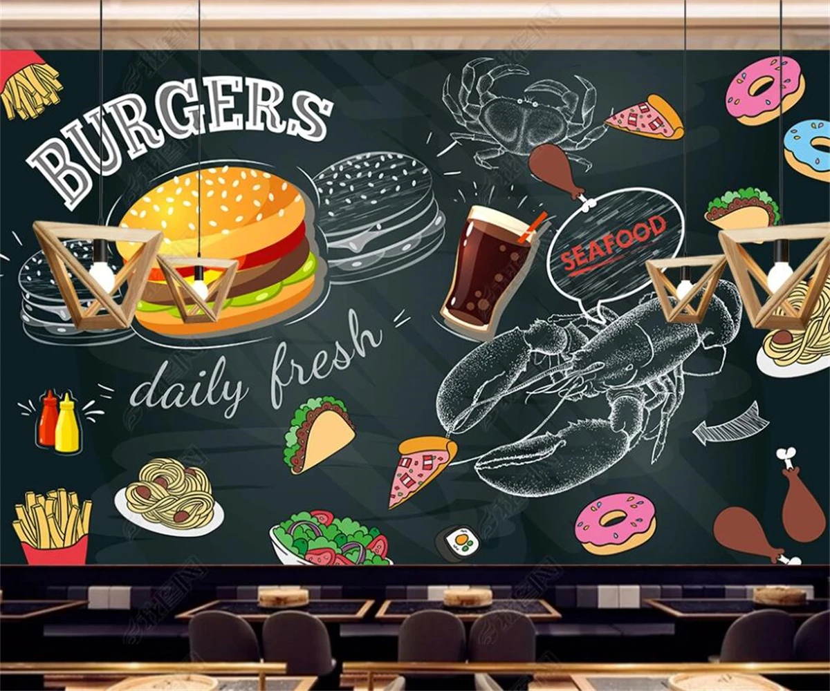 

beibehang Customized modern new black European and American hand-painted hamburger fast food restaurant background wallpaper