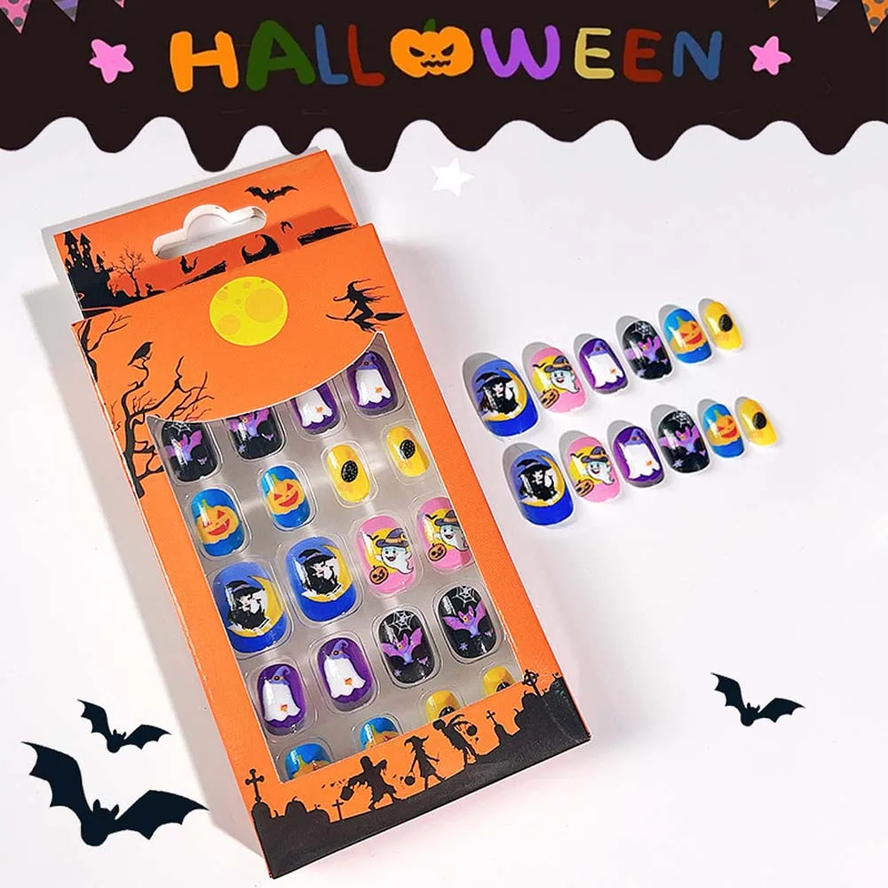 24Pcs/set Bat Spider Web Children Halloween False Nails Ghost Pumpkin Kids Cartoon Fake Nails with Jelly Gel Manicure Material