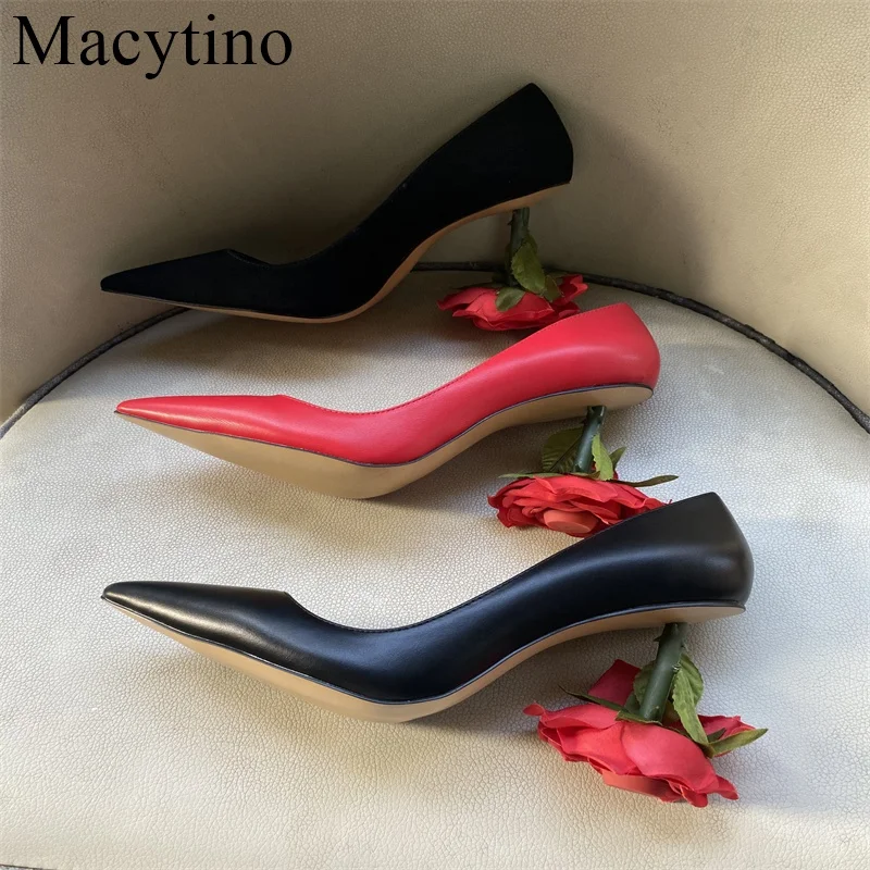 

Sexy Patent Leather High Heels Pumps Women Unique Rose Flower Heel Pointy Toes Slip On Strange Style Banquet Shoes